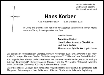 Anzeige von Hans Korber von Westfälische Nachrichten