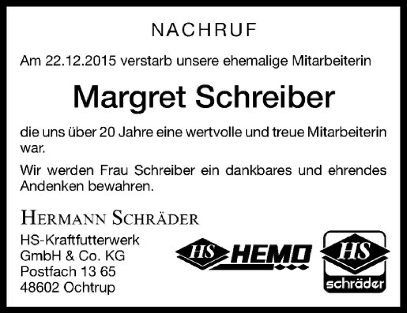  Traueranzeige für Margret Schreiber vom 30.12.2015 aus Westfälische Nachrichten