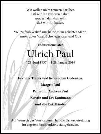 Anzeige von Ulrich Paul von Westfälische Nachrichten