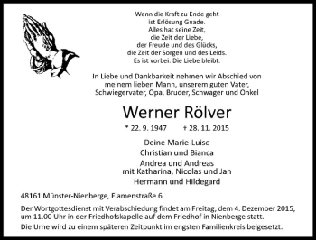 Anzeige von Werner Rölver von Westfälische Nachrichten