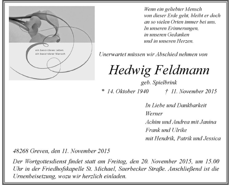  Traueranzeige für Hedwig Feldmann vom 18.11.2015 aus Westfälische Nachrichten