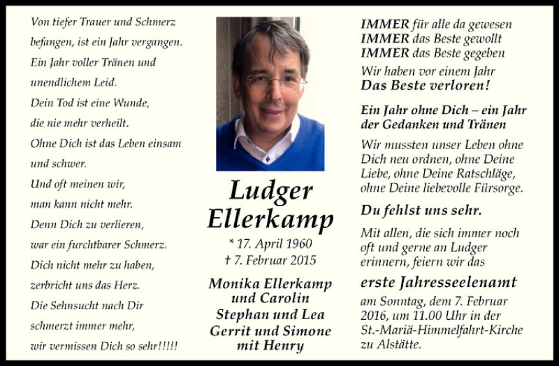  Traueranzeige für Ludger Ellerkamp vom 03.02.2016 aus Westfälische Nachrichten