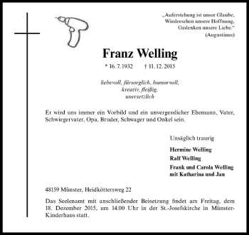Anzeige von Franz Welling von Westfälische Nachrichten