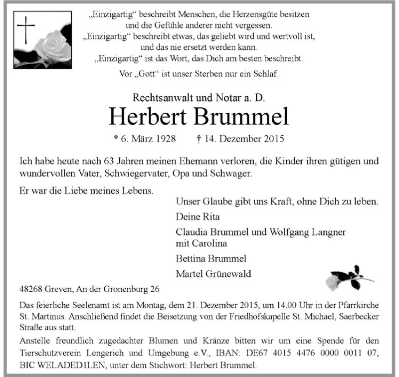  Traueranzeige für Herbert Brummel vom 19.12.2015 aus Westfälische Nachrichten