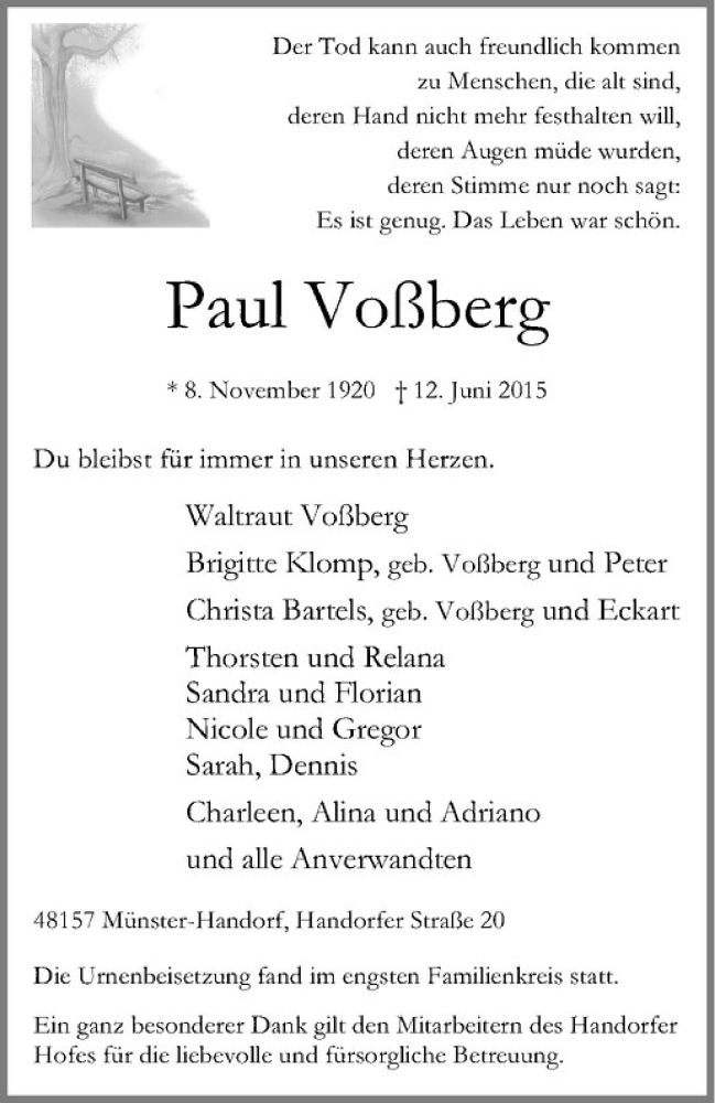  Traueranzeige für Paul Voßberg vom 29.06.2015 aus Westfälische Nachrichten
