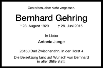 Anzeige von Bernhard Gehring von Westfälische Nachrichten