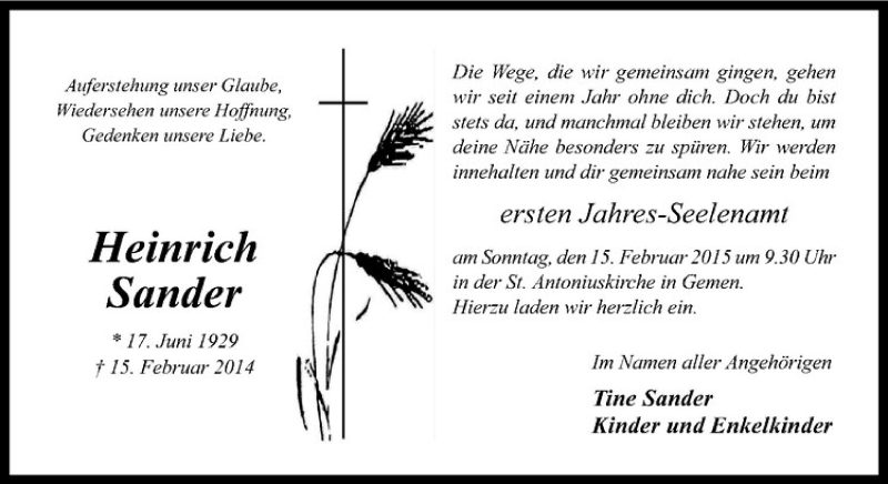  Traueranzeige für Heinrich Sander vom 11.02.2015 aus Westfälische Nachrichten