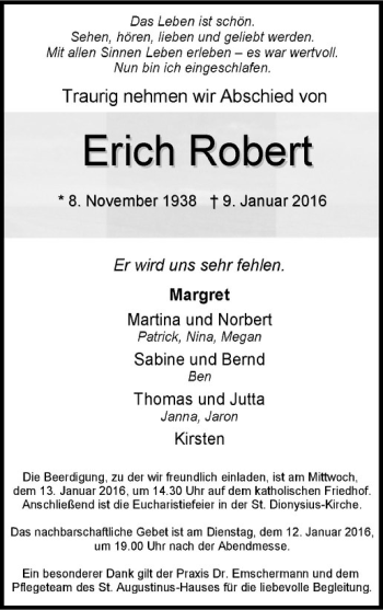 Anzeige von Erich Robert von Westfälische Nachrichten