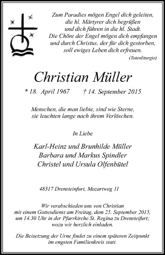  Traueranzeige für Christian Müller vom 21.09.2015 aus Westfälische Nachrichten
