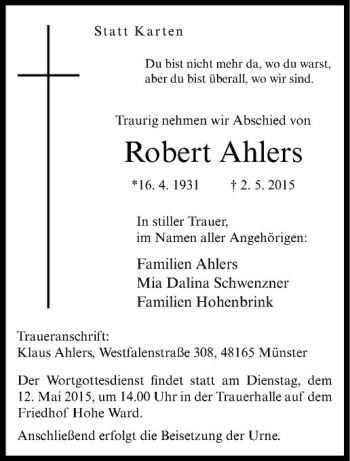 Anzeige von Robert Ahlers von Westfälische Nachrichten