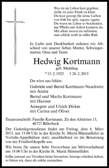 Anzeige von Hedwig Kortmann von Westfälische Nachrichten