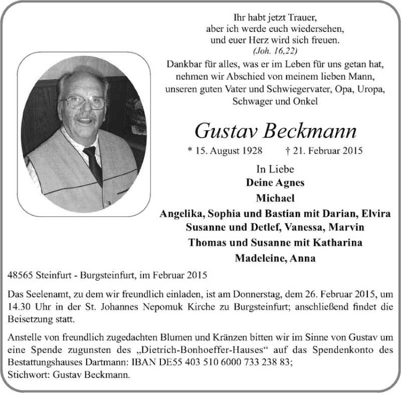  Traueranzeige für Gustav Beckmann vom 24.02.2015 aus Westfälische Nachrichten