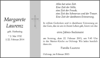 Anzeige von Margarete Laurenz von Westfälische Nachrichten