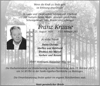 Anzeige von Franz Krause von Westfälische Nachrichten