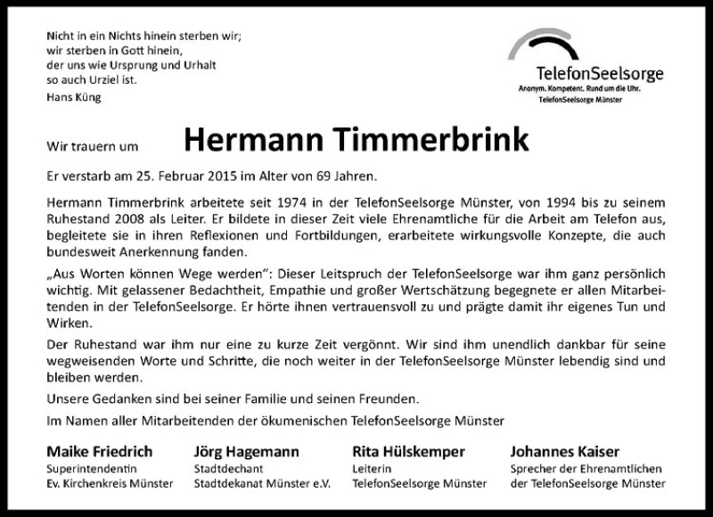  Traueranzeige für Hermann Timmerbrink vom 04.03.2015 aus Westfälische Nachrichten