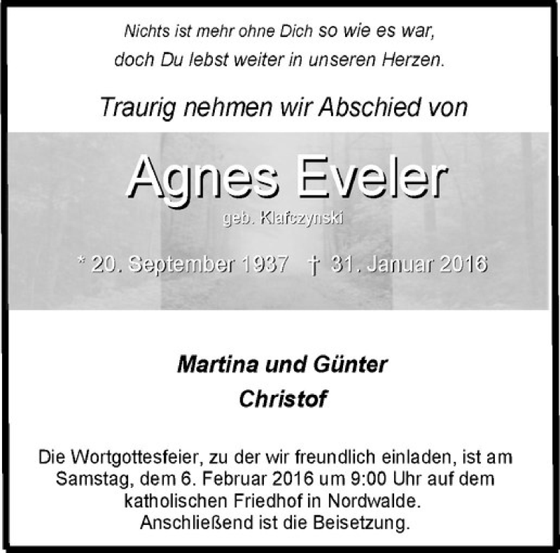  Traueranzeige für Agnes Eveler vom 05.02.2016 aus Westfälische Nachrichten