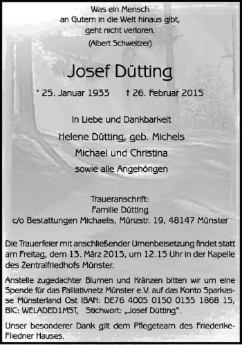 Anzeige von Josef Dütting von Westfälische Nachrichten