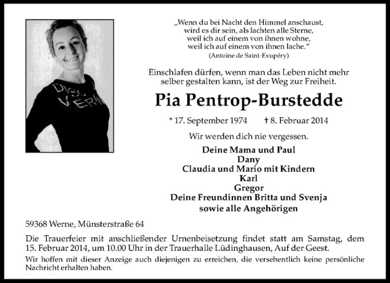  Traueranzeige für Pia Pentrop-Burstedde vom 12.02.2014 aus Westfälische Nachrichten