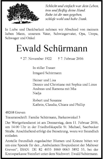 Anzeige von Ewald Schürmann von Westfälische Nachrichten