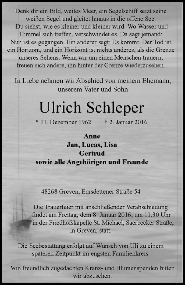  Traueranzeige für Ulrich Schleper vom 06.01.2016 aus Westfälische Nachrichten