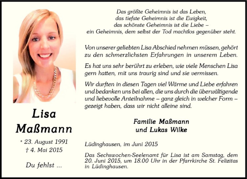  Traueranzeige für Lisa Maßmann vom 13.06.2015 aus Westfälische Nachrichten