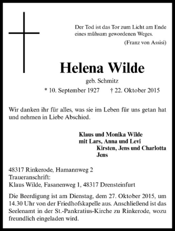 Anzeige von Helena Wilde von Westfälische Nachrichten