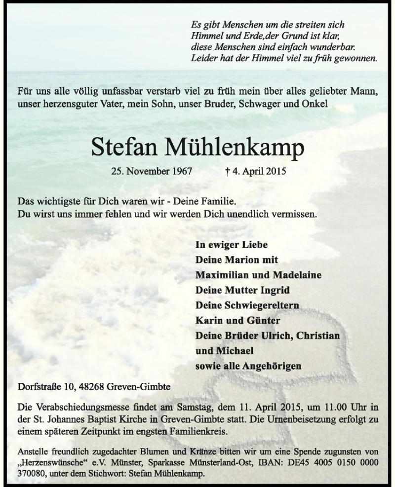  Traueranzeige für Stefan Mühlenkamp vom 08.04.2015 aus Westfälische Nachrichten