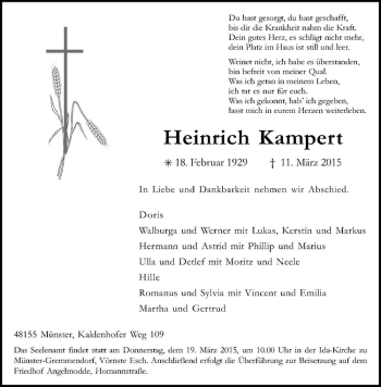 Anzeige von Heinrich Kampert von Westfälische Nachrichten