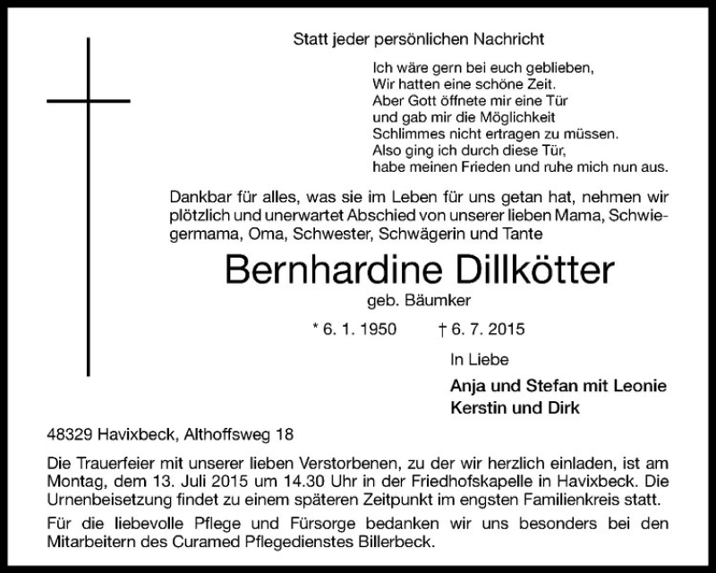  Traueranzeige für Bernhardine Dillkötter vom 09.07.2015 aus Westfälische Nachrichten