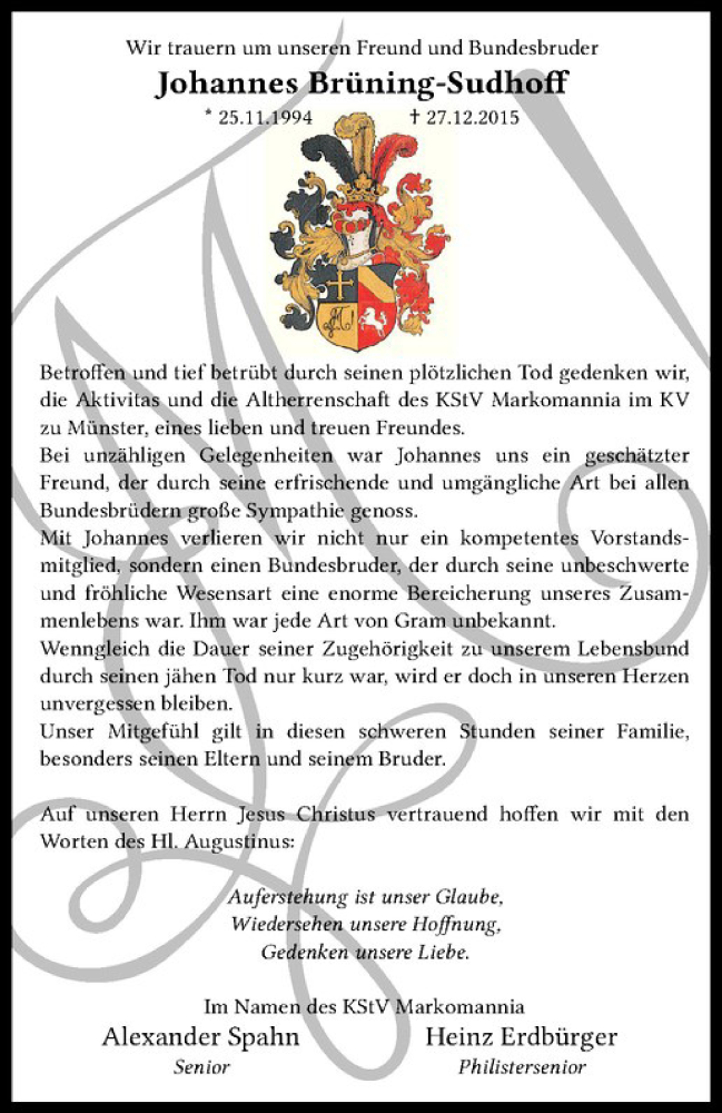  Traueranzeige für Johannes Brüning-Sudhoff vom 08.01.2016 aus Westfälische Nachrichten