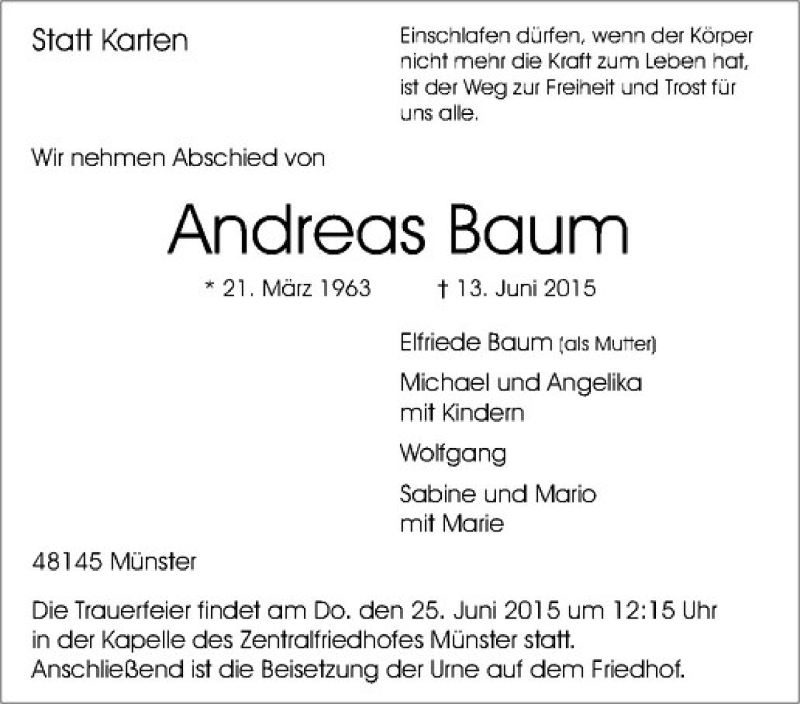  Traueranzeige für Andreas Baum vom 20.06.2015 aus Westfälische Nachrichten