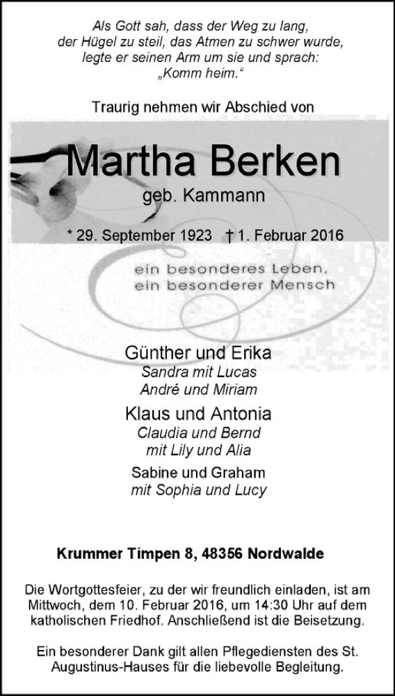  Traueranzeige für Martha Berken vom 06.02.2016 aus Westfälische Nachrichten