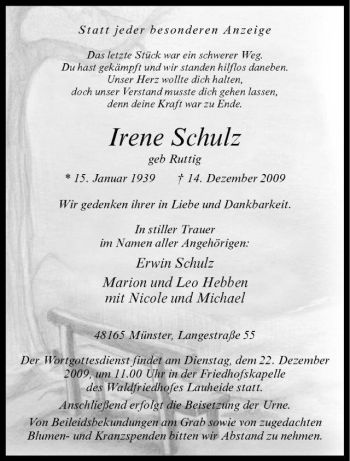 Anzeige von Irene Schulz von Westfälische Nachrichten