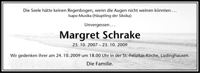  Traueranzeige für Margret Schrake vom 23.10.2009 aus Westfälische Nachrichten