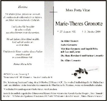 Anzeige von Marie-Theres Gronotte von Westfälische Nachrichten