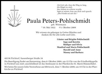 Anzeige von Paula Peters-Pohlschmidt von Westfälische Nachrichten
