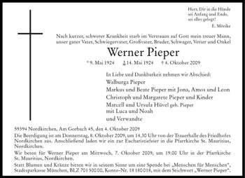 Anzeige von Werner Pieper von Westfälische Nachrichten