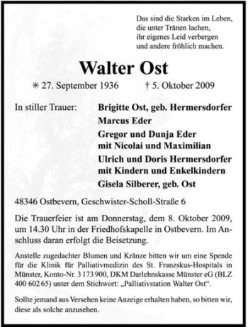 Anzeige von Walter Ost von Westfälische Nachrichten
