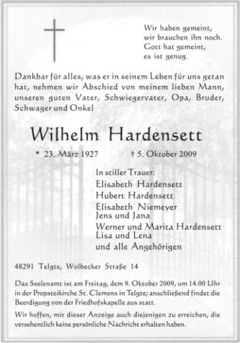 Anzeige von Wilhelm Hardensett von Westfälische Nachrichten