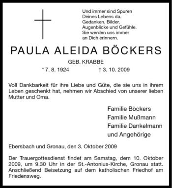 Anzeige von Paula Aleida Böckers von Westfälische Nachrichten