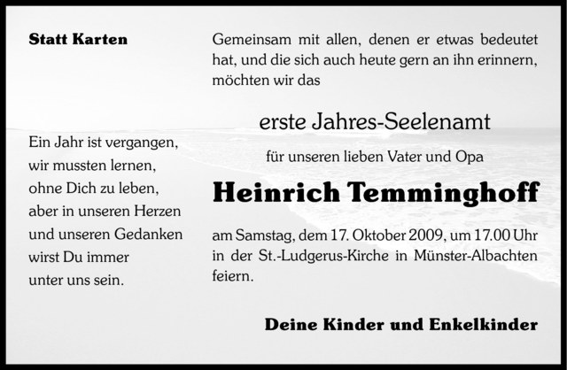  Traueranzeige für Heinrich Temminghoff vom 10.10.2009 aus Westfälische Nachrichten