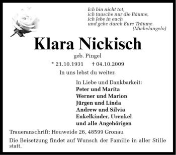 Anzeige von Klara Nickisch von Westfälische Nachrichten