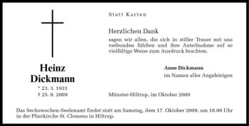 Anzeige von Heinz Dickmann von Westfälische Nachrichten