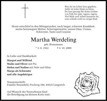Anzeige von Martha Werdeling von Westfälische Nachrichten