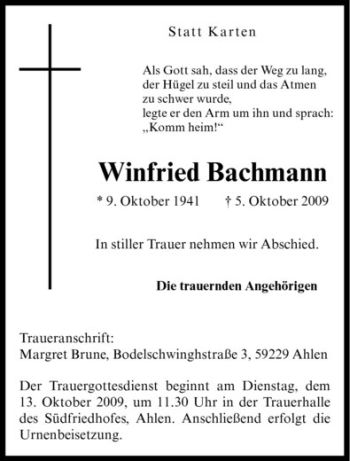Anzeige von Winfried Bachmann von Westfälische Nachrichten