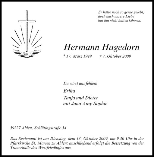  Traueranzeige für Hermann Hagedorn vom 10.10.2009 aus Westfälische Nachrichten