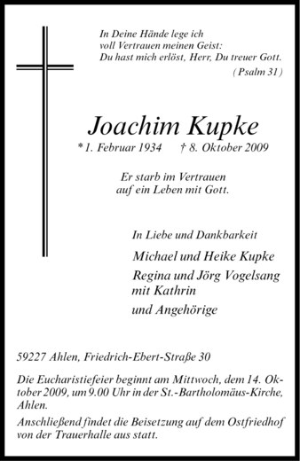  Traueranzeige für Joachim Kupke vom 10.10.2009 aus Westfälische Nachrichten