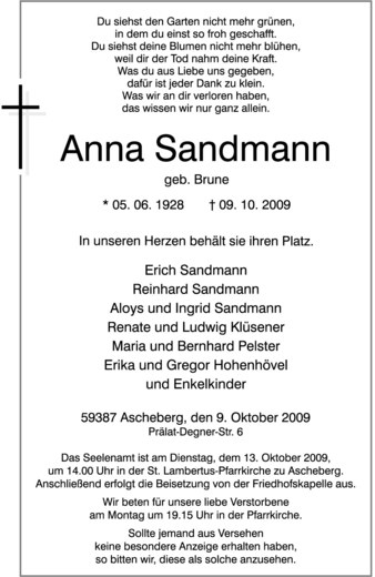  Traueranzeige für Anna Sandmann vom 10.10.2009 aus Westfälische Nachrichten