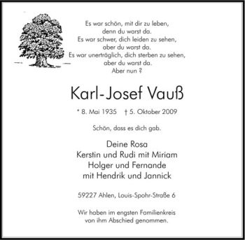 Anzeige von Karl-Josef Vauß von Westfälische Nachrichten