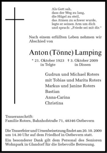Anzeige von Anton (Tönne) Lamping von Westfälische Nachrichten